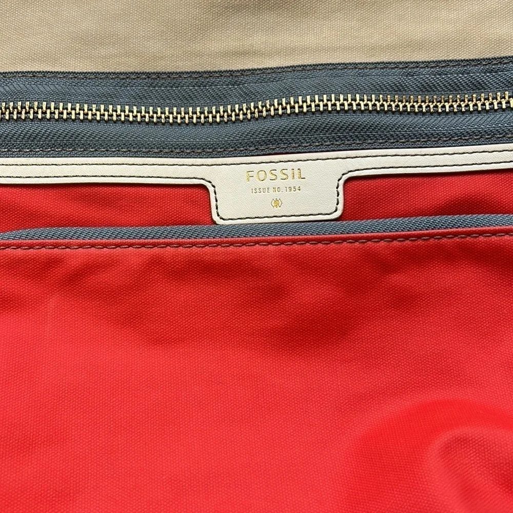 Fossil hobo shoulder and crossbody orange and tan textile bag 3 zipper closures